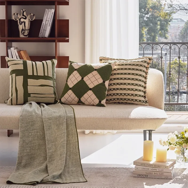 Modern Green Retro Patch Embroidered Cushion Cover 45*45CM Geometric Grid Striped Pillow Cover for Sofa Modern Luxury Home Decor