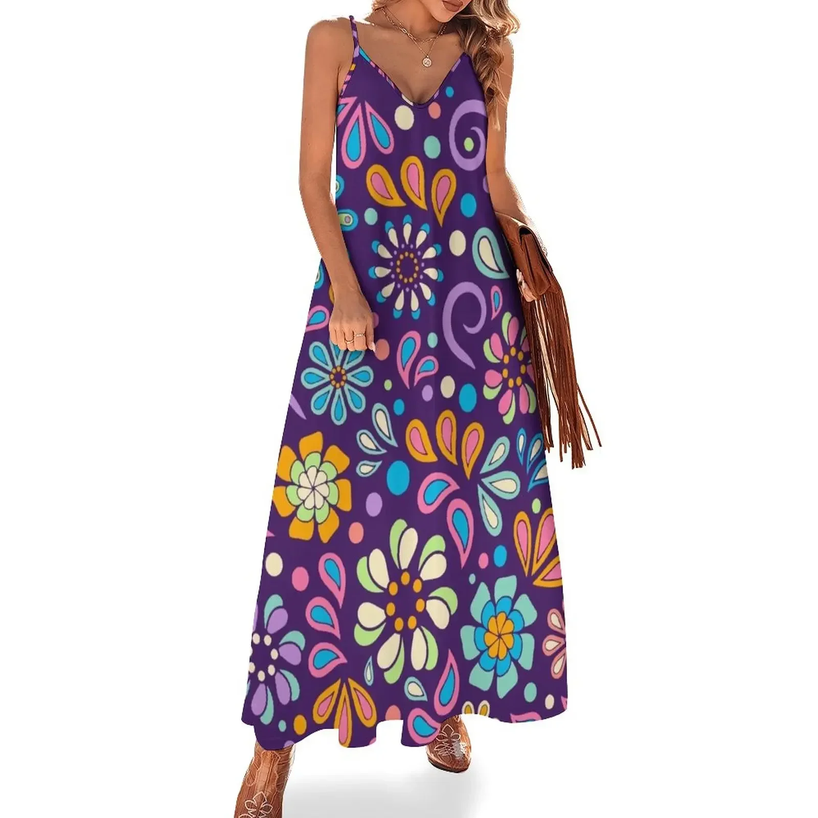 

Retro Paisley Flower Power Bohemian Hand Drawn Art Sleeveless Dress Dress woman dress women summer 2024