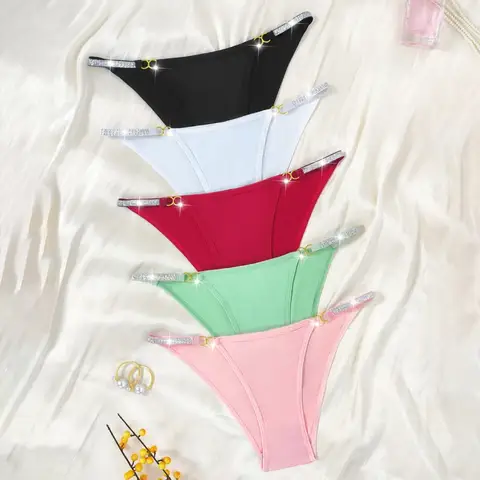 5pcs Women's New Trendy Triangle Panty Multi-Color Set Satin Silky Fabric Silver Ribbon Metal Decoration Breathable Underwear
