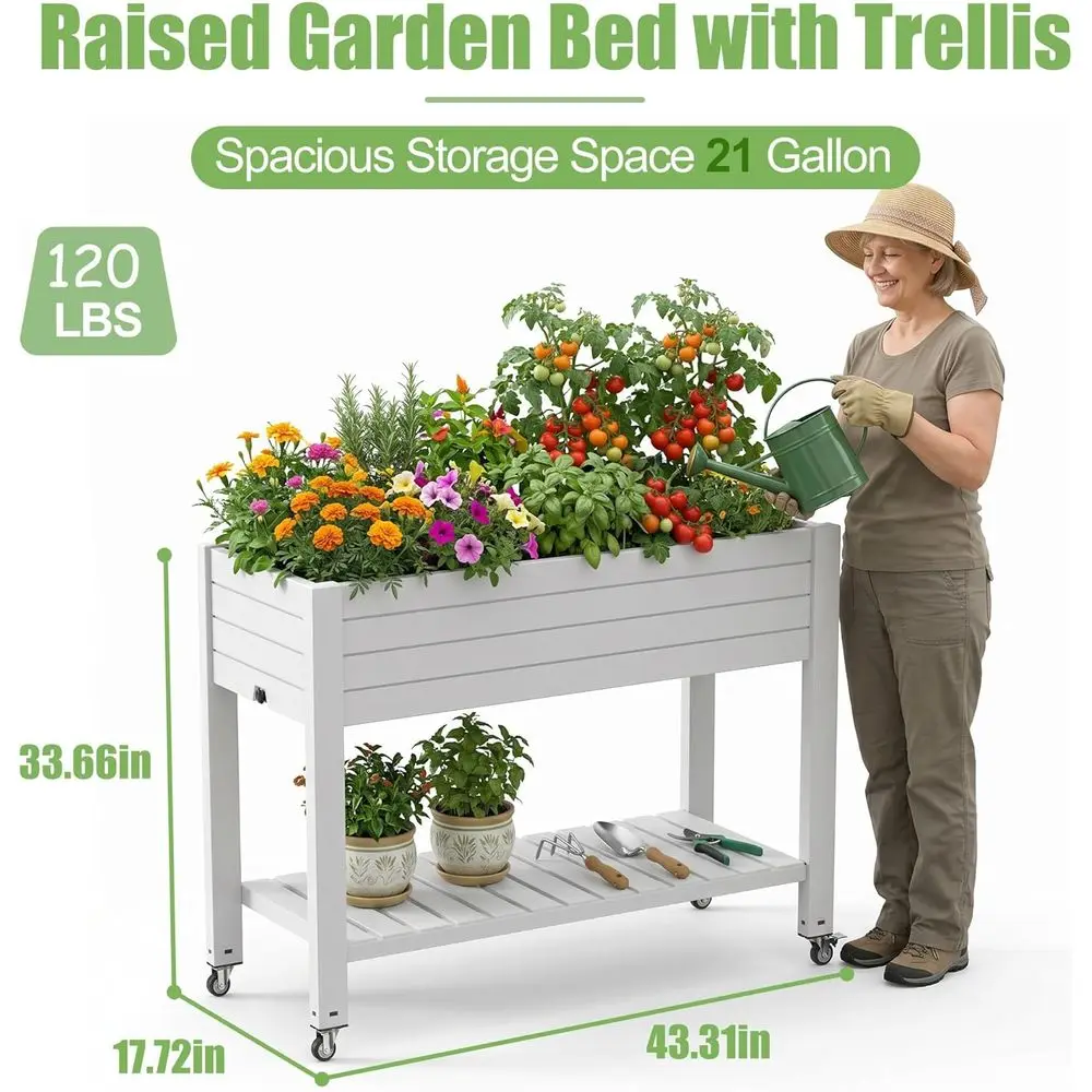 Raised Garden Beds Outdoor with Wheels & Extra Storage, Water Level Monitoring, Elevated Garden Bed, 21 Gallon Planter for Veget