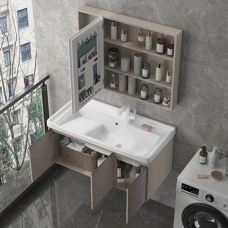 Balcony laundry basin Small apartment wash basin cabinet combination with rubbing board Ceramic integrated sink Hanging