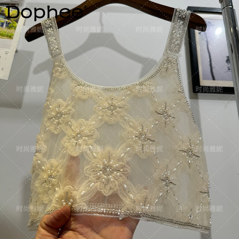 

Sweet Flower Sequin Bead Pearl U-Neck Camisole Top 2024 Summer New Fashion Sexy Crop Top Mesh Sequins Camisoles for Women