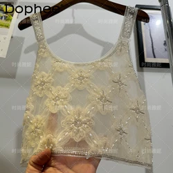 Sweet Flower Sequin Bead Pearl U-Neck Camisole Top 2024 Summer New Fashion Sexy Crop Top Mesh Sequins Camisoles for Women