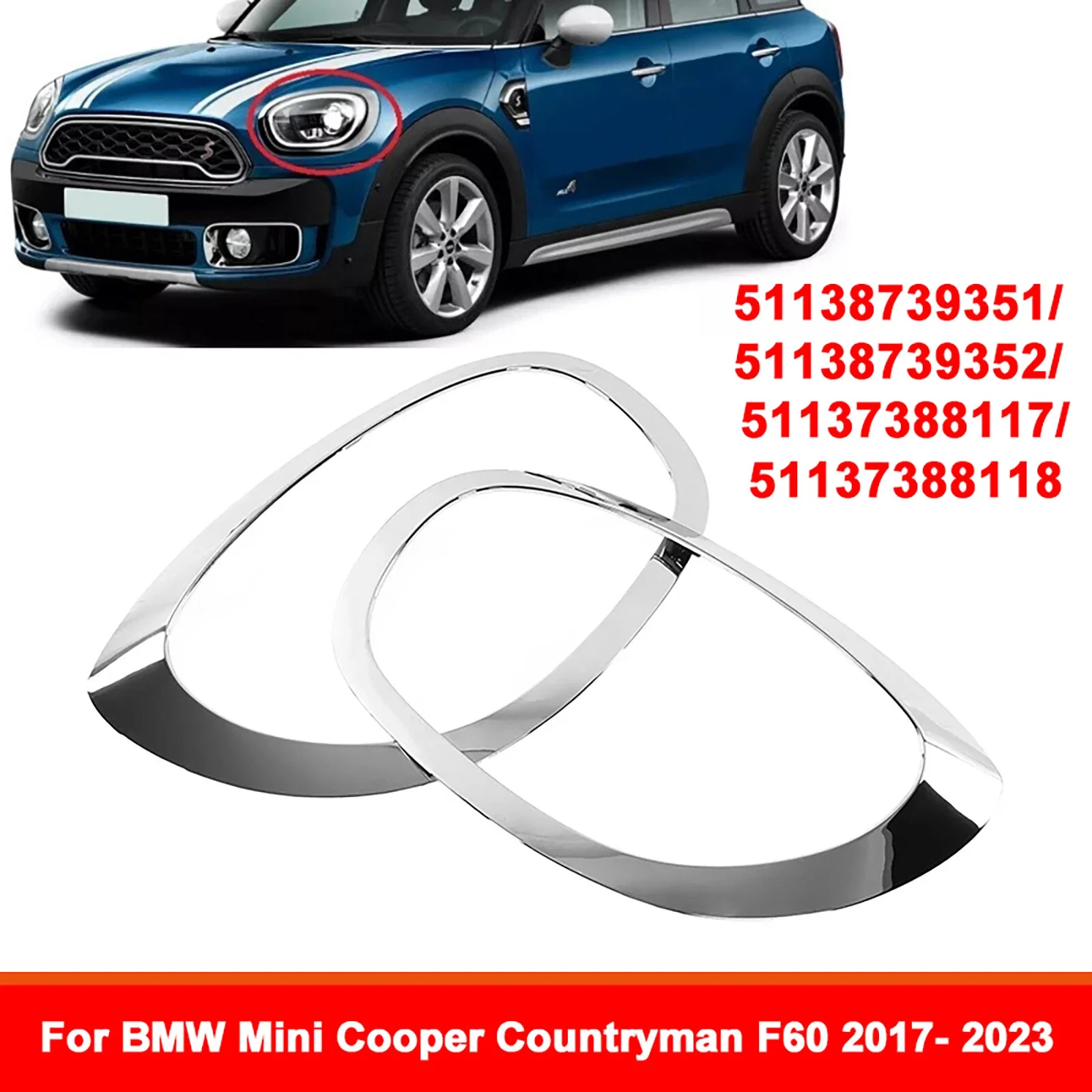 

Для BMW Mini Cooper Countryman F60 2017-2021 хромированное кольцо для фар автомобиля, ободок, накладка, объемная крышка, накладка на рамку фары, комплект отделки