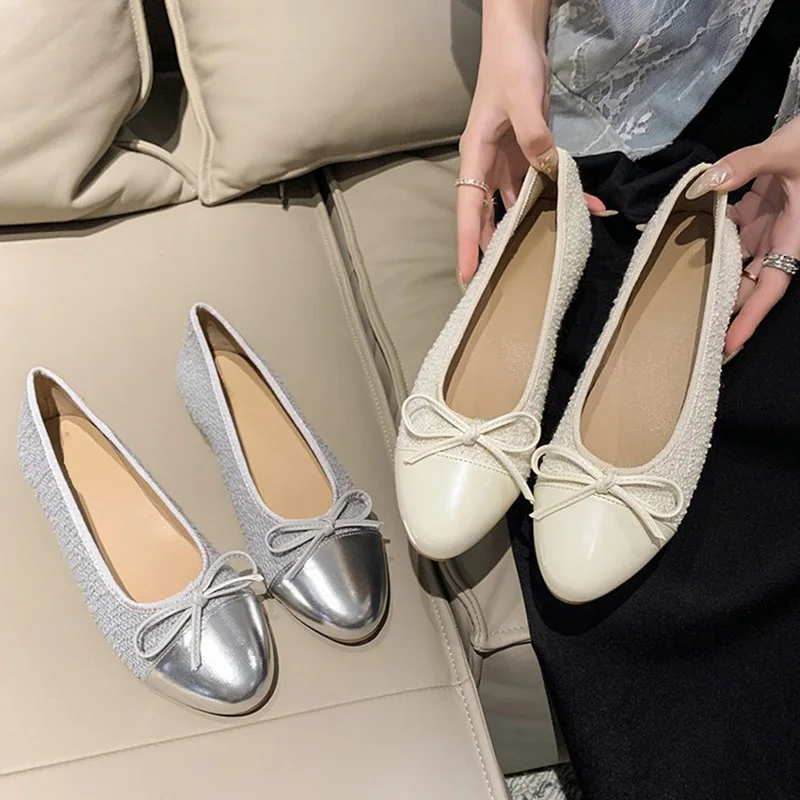 Alpargatas planas de tela con lentejuelas para mujer, zapatos de bailarina con punta redonda y lazo, mocasines de fondo suave, 2023