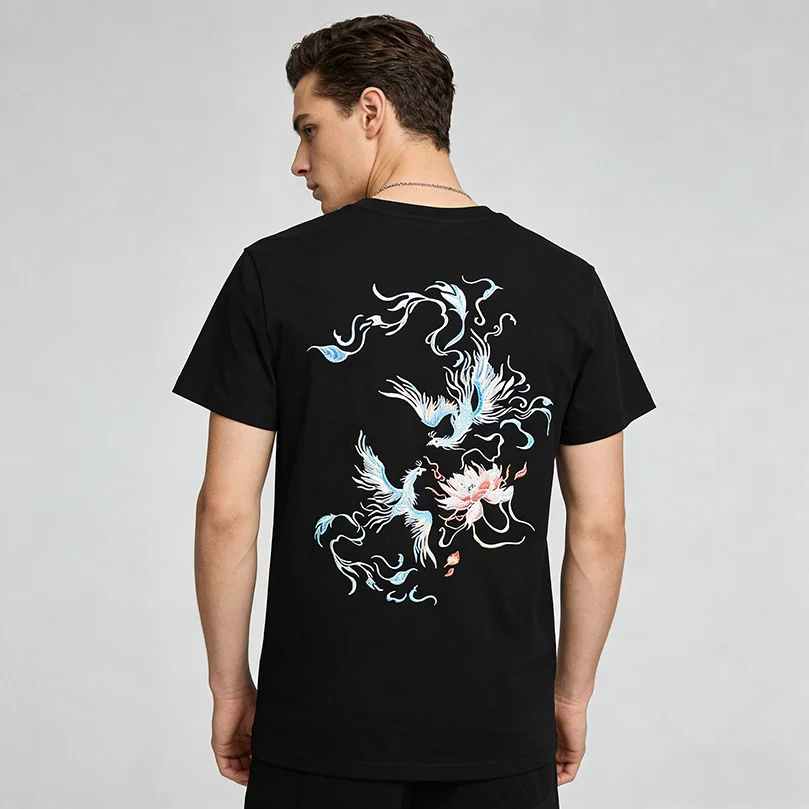 Sukajan Summer Phoenix Embroidery Tshirt Men Cotton Oversize Top Tee For Boys Cotton Short Sleeve T Shirt Male Clothing 3D Z1A1
