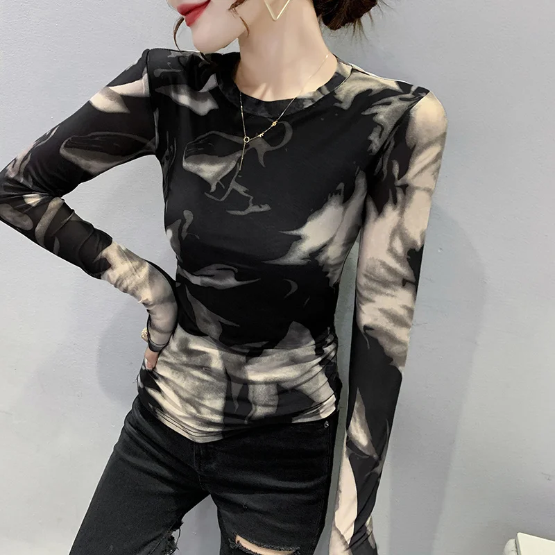 

#8103 Tie Dye Printed Black T Shirt Women O-Neck Casual Elastic Skinny Mesh T Shirt Female Vintage Long Sleeve Woman T-shirts