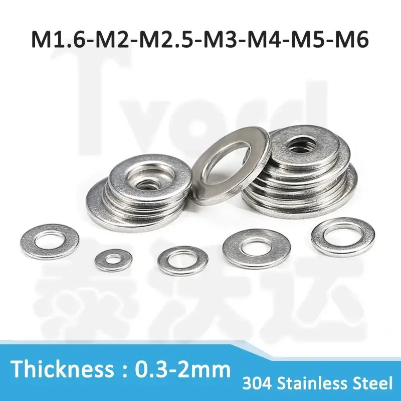 

M1.6 M2 M2.5 M3 M4 M5 M6 304 Stainless Steel Flat Washer Plain Gasket for Screw Bolt Thickness 0.3/0.5/0.8/1/1.2/1.5/1.6/2mm