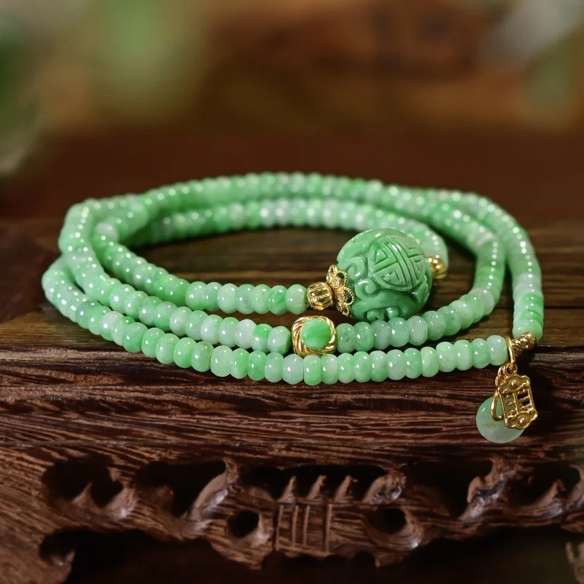 A-Grade Green Jade Bracelet, Carved Blessing Beads & Peace Buckle Triple Strand, Chinese Luxury Style Jewelry Gift