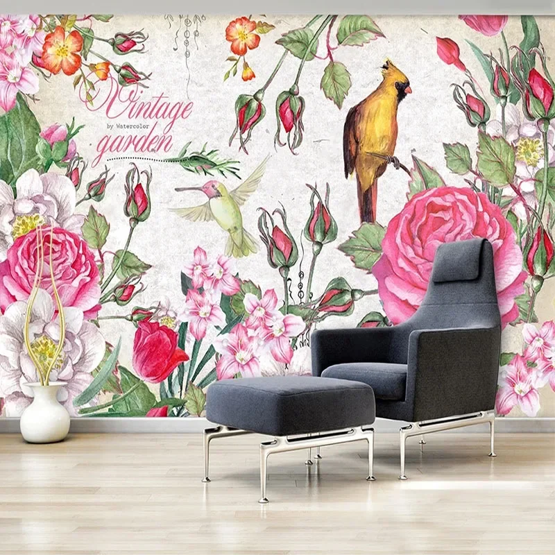 Custom 3D European-Style Retro Hand-Painted Flowers And Birds Rich And Blossoming Background Wall Mural Papel De Parede Tapety