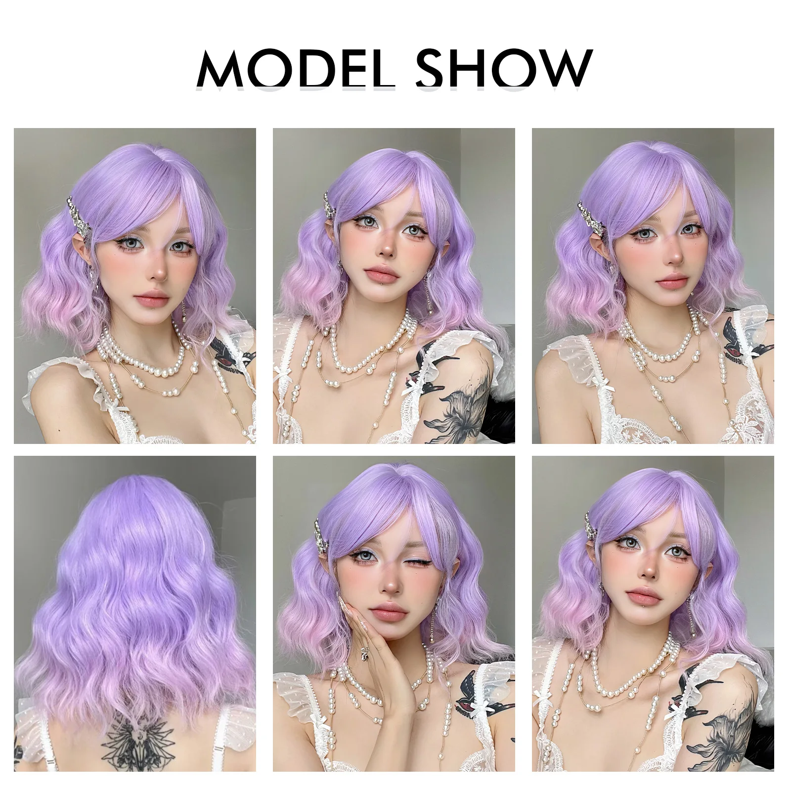 Short Cute Synthetic Wavy Curly Wigs Ombre Purple Hair Wig with Bangs for Girls and Women Daily Cosplay Party Use Heat Resistant