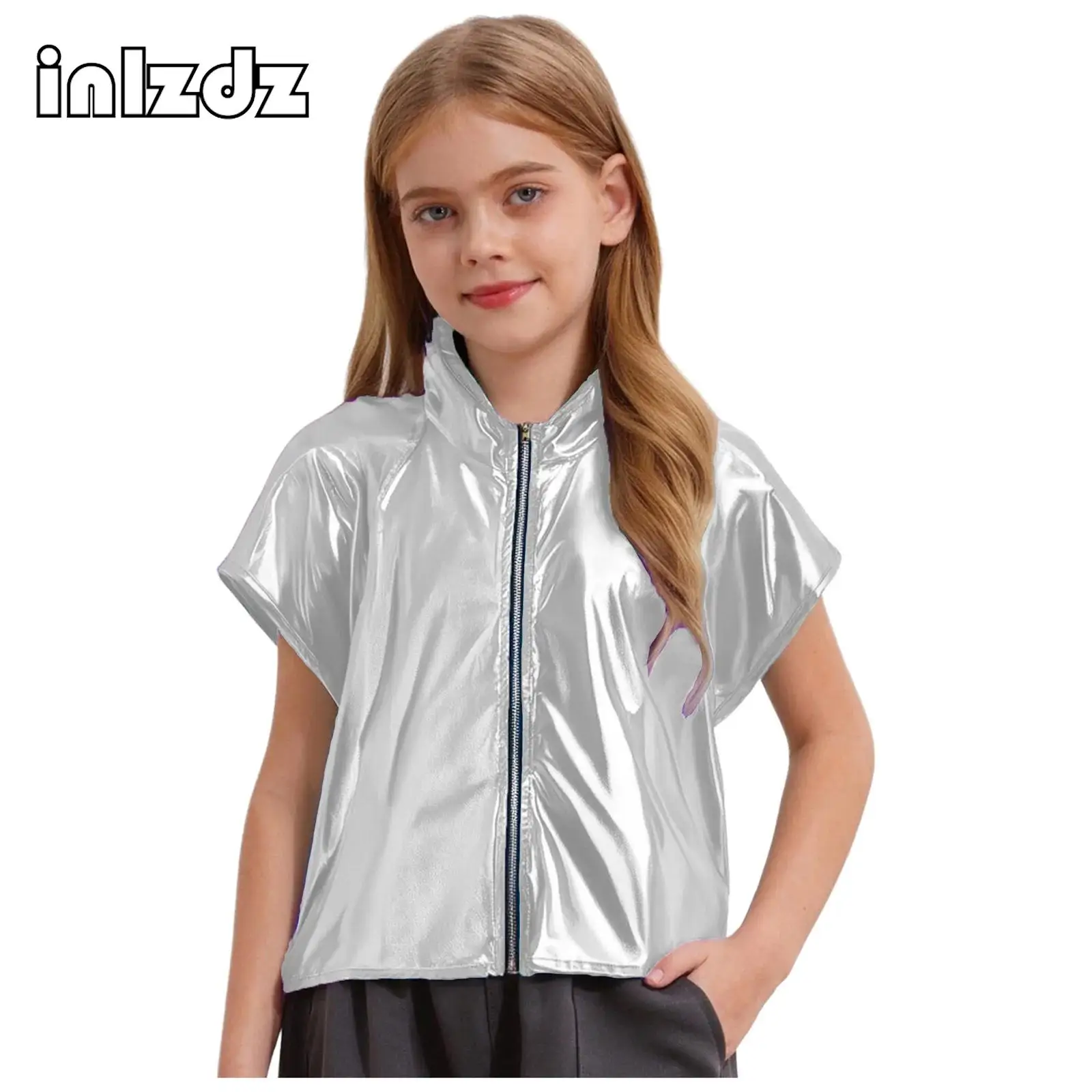 

Unisex Kids Boys Girls Jazz Dance Stage Performance Costumes Tops Metallic Hooded Vest Sleeveless Zipper Shiny Hoodie Party Wear