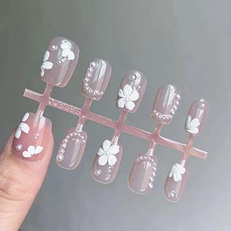10pcs Cute Flower Pearl Setting Pink Shortfake Nails Lightweight And Easy To Stick Fake Nail For Fingernail Diy Decoration