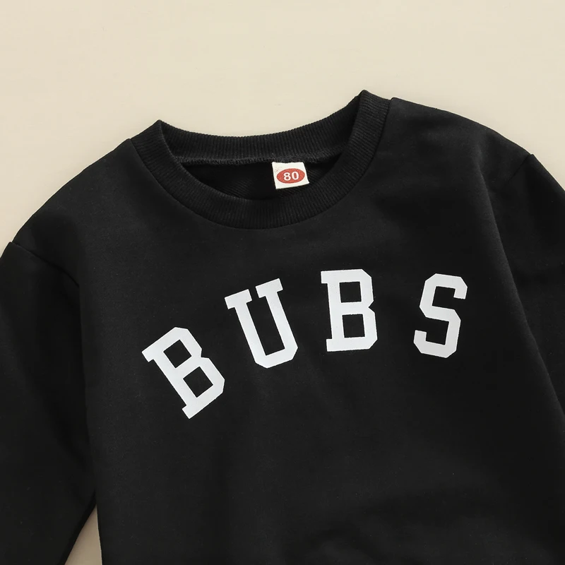 Moletom com estampa de letras do bebê menino, roupas outono, gola redonda, pulôver de manga comprida, tops e calças, 0-3 anos, 2 peças