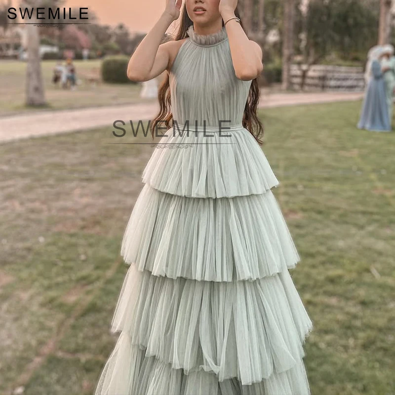 

SWEMILE Dubai Tiered Ruffle Tulle Prom Dresses 2025 Halter Neck Sleeveless Wedding Party Gown فساتين سهرات Customized