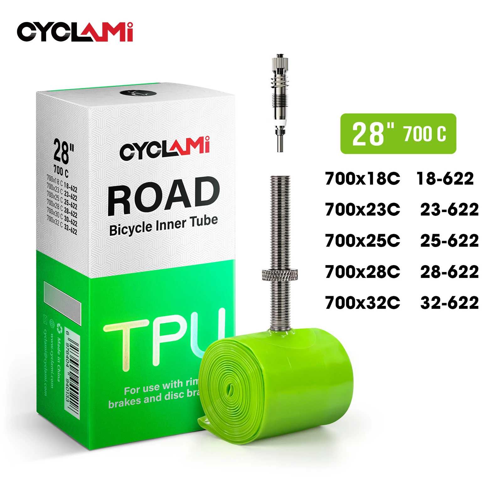 Nouvelle chambre à air de vélo CYCLAMI 2026 verte ultralégère en TPU avec valve française amovible en métal pour vélo de route 700C 700 x 18 32C