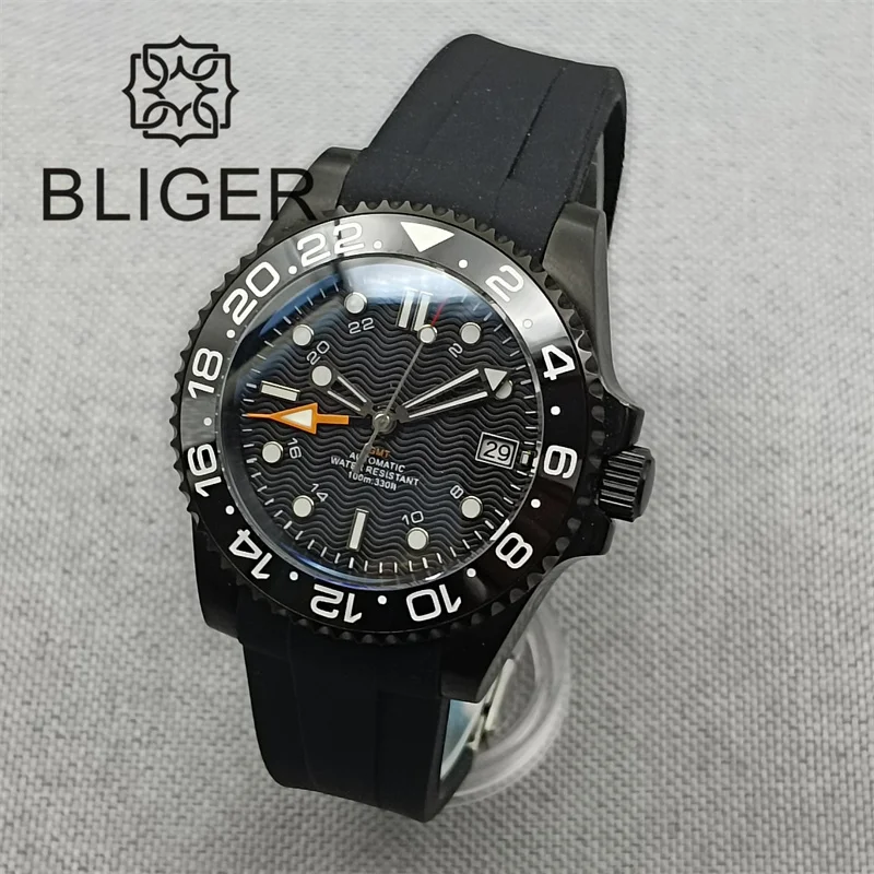 

BLIGER 40mm Men's Watch NH34 GMT Automatic Movement Ceramic Bezel Sapphire Glass White Black Blue Wave Dial C3 LumeRubber Strap