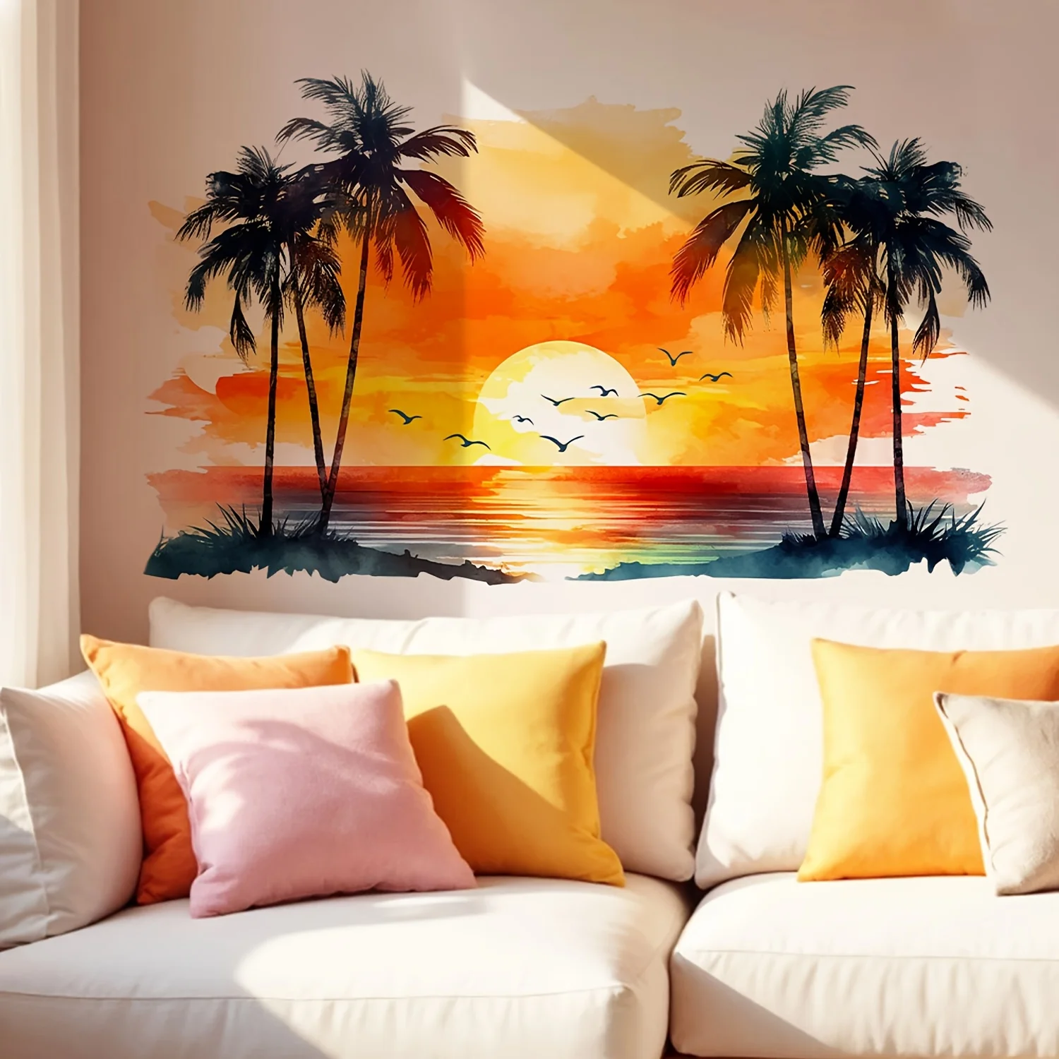 1pc Watercolor Sunset Beach Palm Tree Self-Adhesive Wall Decal, decorative sticker, suitable for bedroom, living room, bathroom