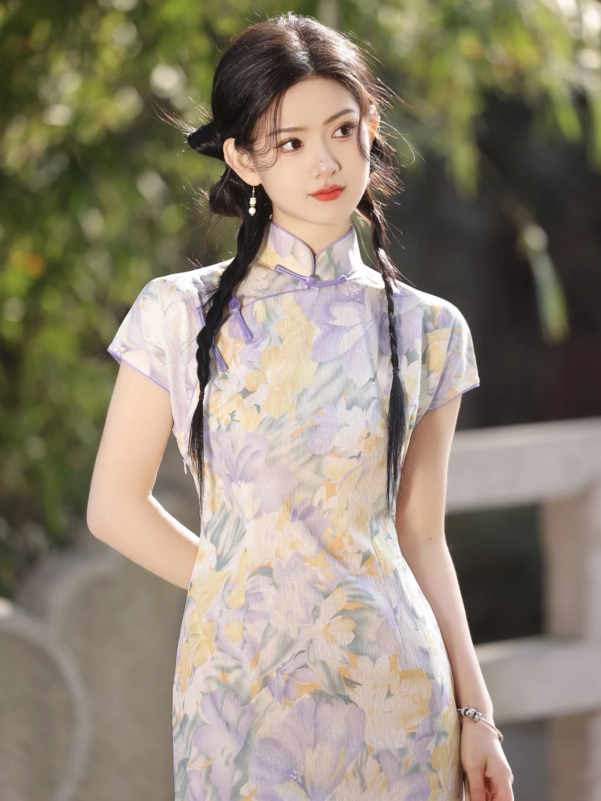 Young Elegant Full Cardigan Silk Linen Long Cheongsam Spring and Summer New Chinese Style Daily Slim Fit Dress