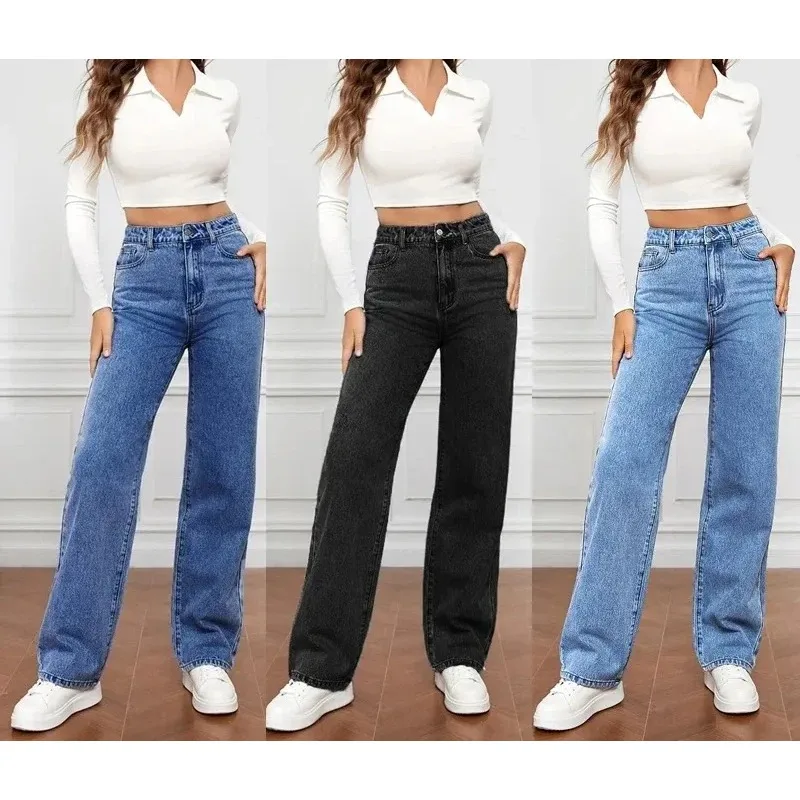 

Denim Jeans Women Straight Pants Washing High Waist Loose Pockets Basics Ankle Length Y2k Blue Pants Streetwear Slight Strech