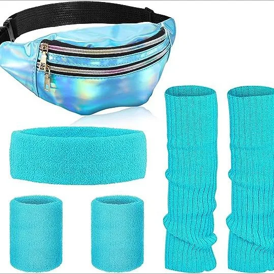 80s Women's Warm Legs Suit Holographic Wallets Knitting Warm Headband Wristband Suit Party Costumes Props