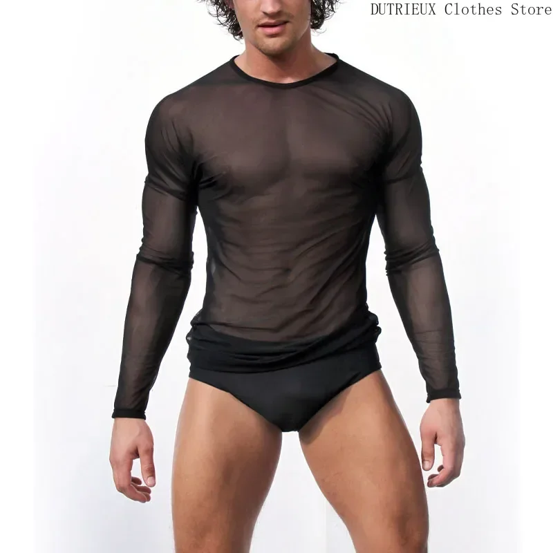 Sexy See-through Men's Long Sleeve T-shirt Sheer Mesh Sexy Men's Pullover Top, Bar Club Rave Party Clothing Breathable T-shirt