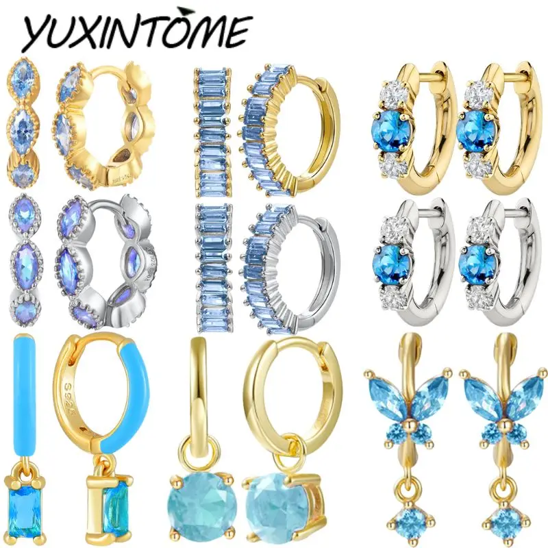 

925 Sterling Silver Needle Small Fresh Summer Cool Light Blue Zircon Pendant Earrings Women's Fashion Niche Hoop Earring Jewelry