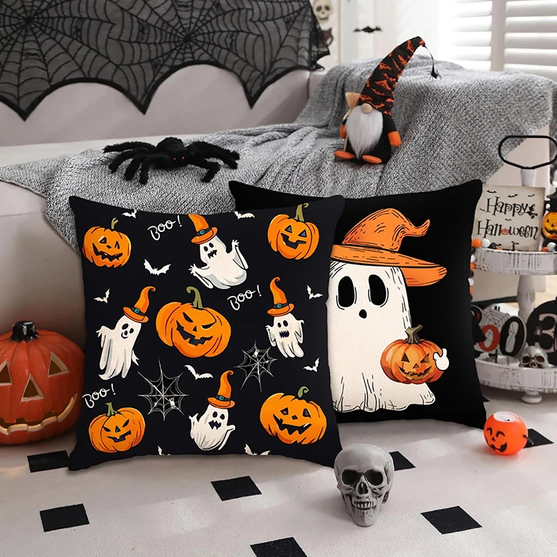 45*45cm Halloween Decoration Pillow Cover, Trick Or Treat Cushion Cover, Ghost, Pumpkin Head, Bat Decor Sofa Cushion Cover Decor