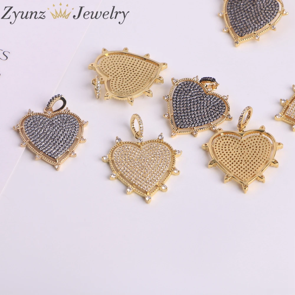 10PCS, Luxury Gold Silver Color Plated Metal Cubic Zirconia Heart Charms Heart Pendants Love Charms