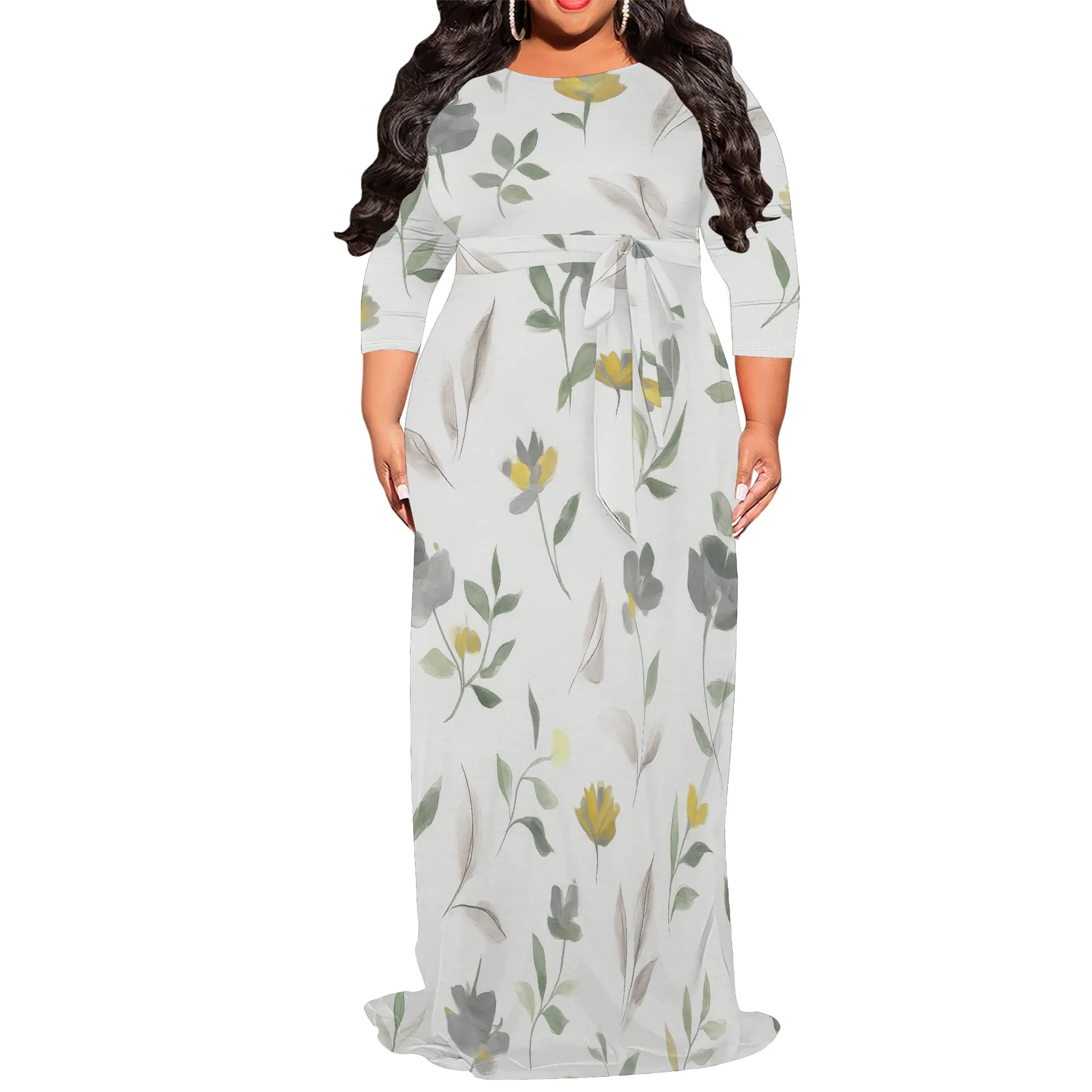 

Women's Floral Print Maxi Dresses Summer with Pockets Casual 3/4 Sleeve V-Neck Wrap Tie Waist Long Dress