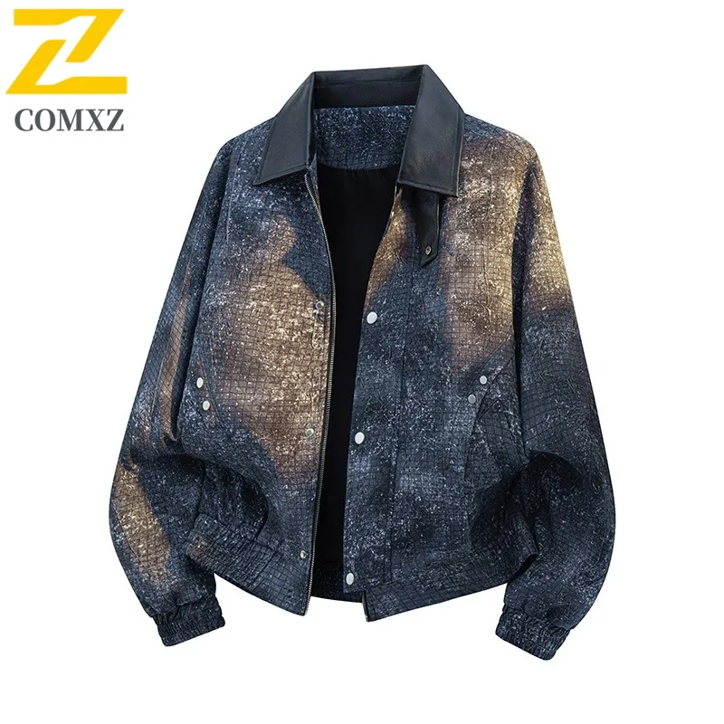 เสื้อแจ็คเก็ตผู้ชายคอตั้ง COMXZ สไตล์อเมริกัน เสื้อแจ็คเก็ตมอเตอร์ไซค์น้ำหนักเบา ดีไซน์คลาสสิก สวมใส่สบาย ทนทาน เสื้อผ้าฤดูใบไม้ร่วง