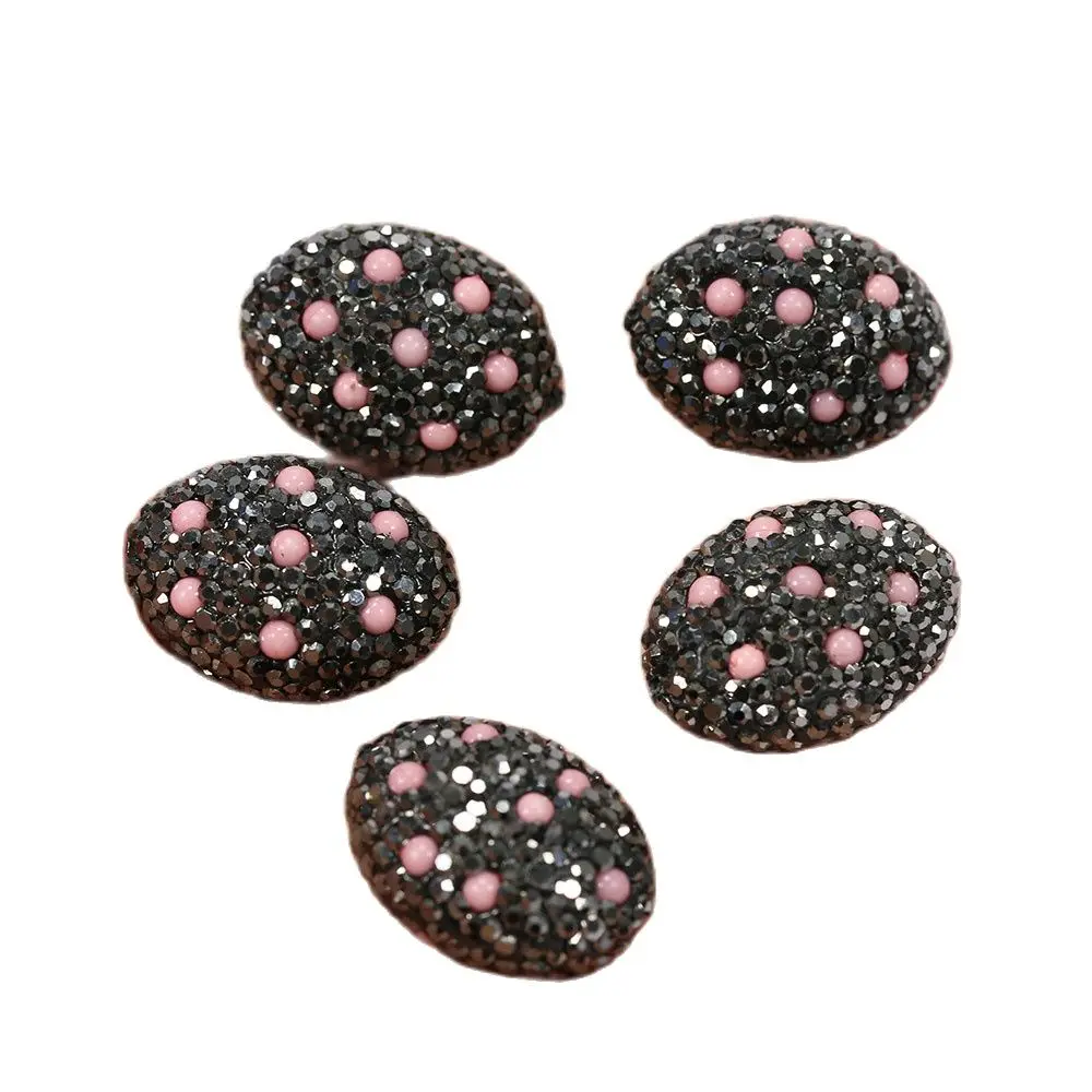 

APDGG Wholesale 5 Pcs Oval Shape Pink Coral CZ Pave Black Rhinestone Pave Beads For Pearl Necklace DIY Jewelry Findings