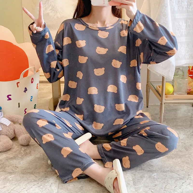 Summer Thin Section Two-Piece Pajamas Ladies Long-Sleeved Cute Students Can Be Worn Outside Home Wear Pink Polka Dot Suit