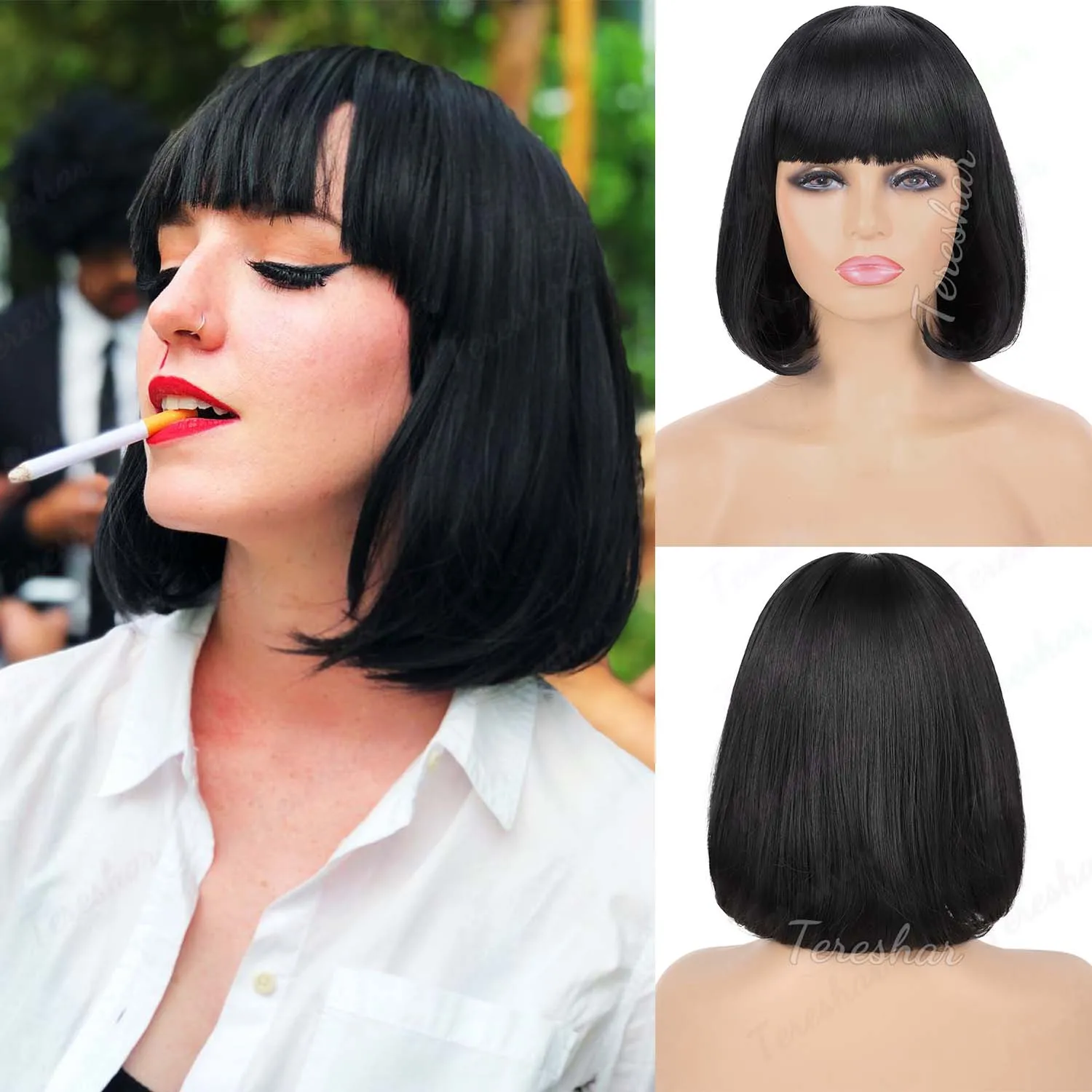 

Синтетический короткий прямой парик Боб, черный боб с тупой челкой, естественный вид, повседневные парики для косплея, костюм Миа Уоллес Клеопатры, парик
