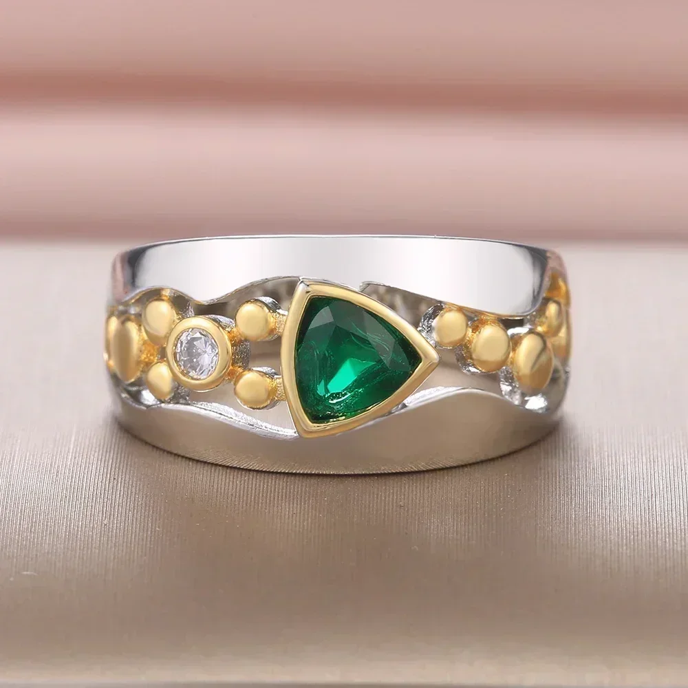Huitan Women Ring Jewelry Unique Triangular Green Stone Anniversary Gift for Female Mother’s Birthday  Fashion Finger Rings