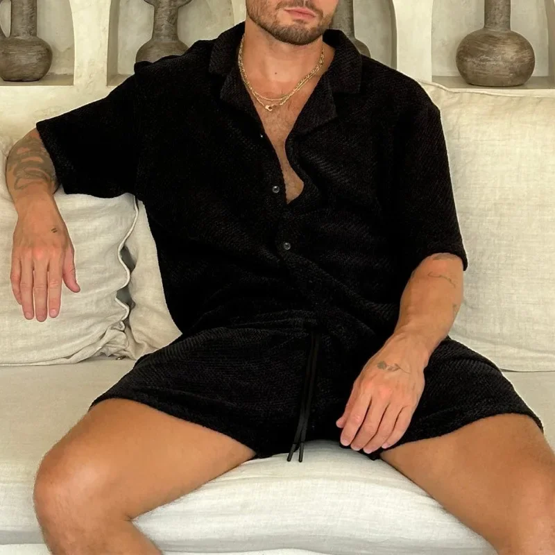 LIBIELIY 2024 Men's Summer New Style Casual Suit, Slim Fit, Lapel Short-sleeved Button-down Shirt Tops, Drawstring Short-sleeved