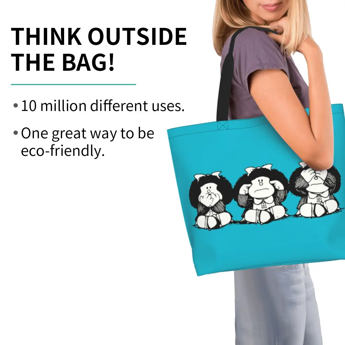 مخصص أزياء طباعة الفكاهة مافالدا حمل حقيبة تسوق قماش دائم الكتف المتسوق الكرتون مانغا كوينو حقيبة يد