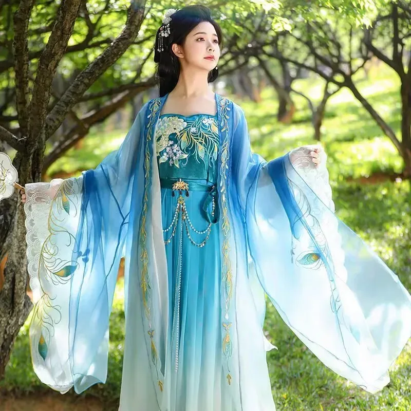 Vestido Hanfu de talla grande 6XL para mujer, trajes Hanfu Tang bordados chinos morados y azules, disfraz de Cosplay de Carnaval de Halloween para mujer 5X