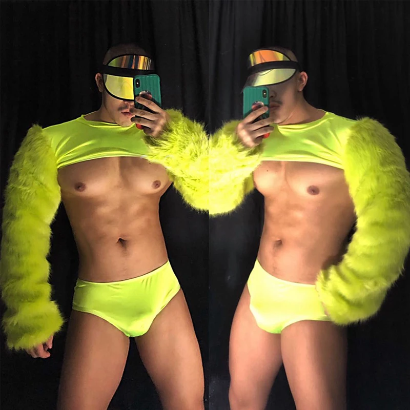 

Male Fluorescent Green Fur Top Shorts Men Festival Outfit Stage Gogo Costume Nightclub Dj Ds Burning Man Pole Clothing XS2479