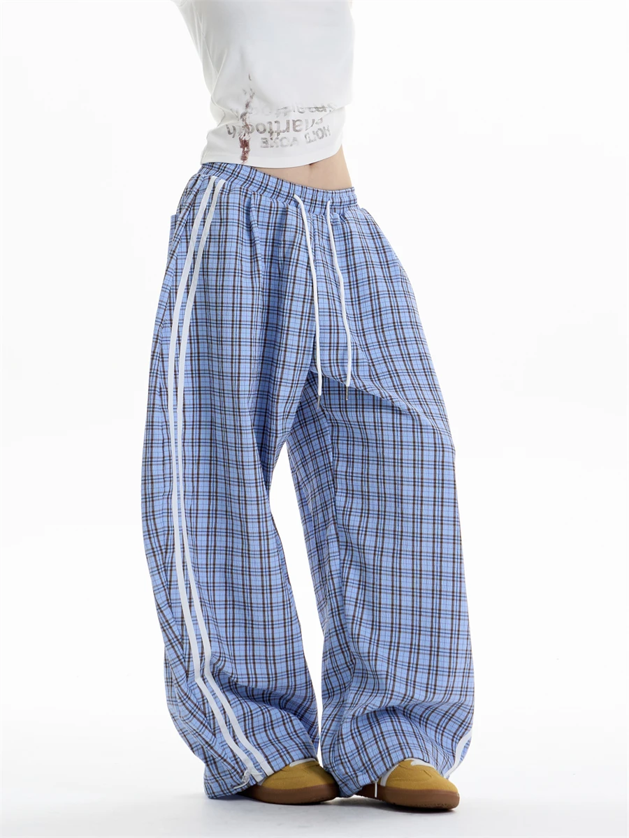 

American Style Retro Plaid Casual Pants Women's Loose Slim Straight Leg Long Trousers Summer New Arrival Street Style Hip Hop