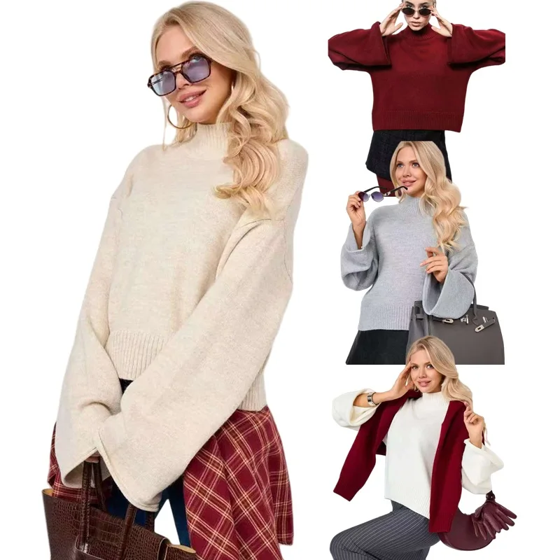 

Women's Pure Color Casual Lazy Knitted Sweater Round Neck Pullover Top Fashionable Autumn Winter New Arrival