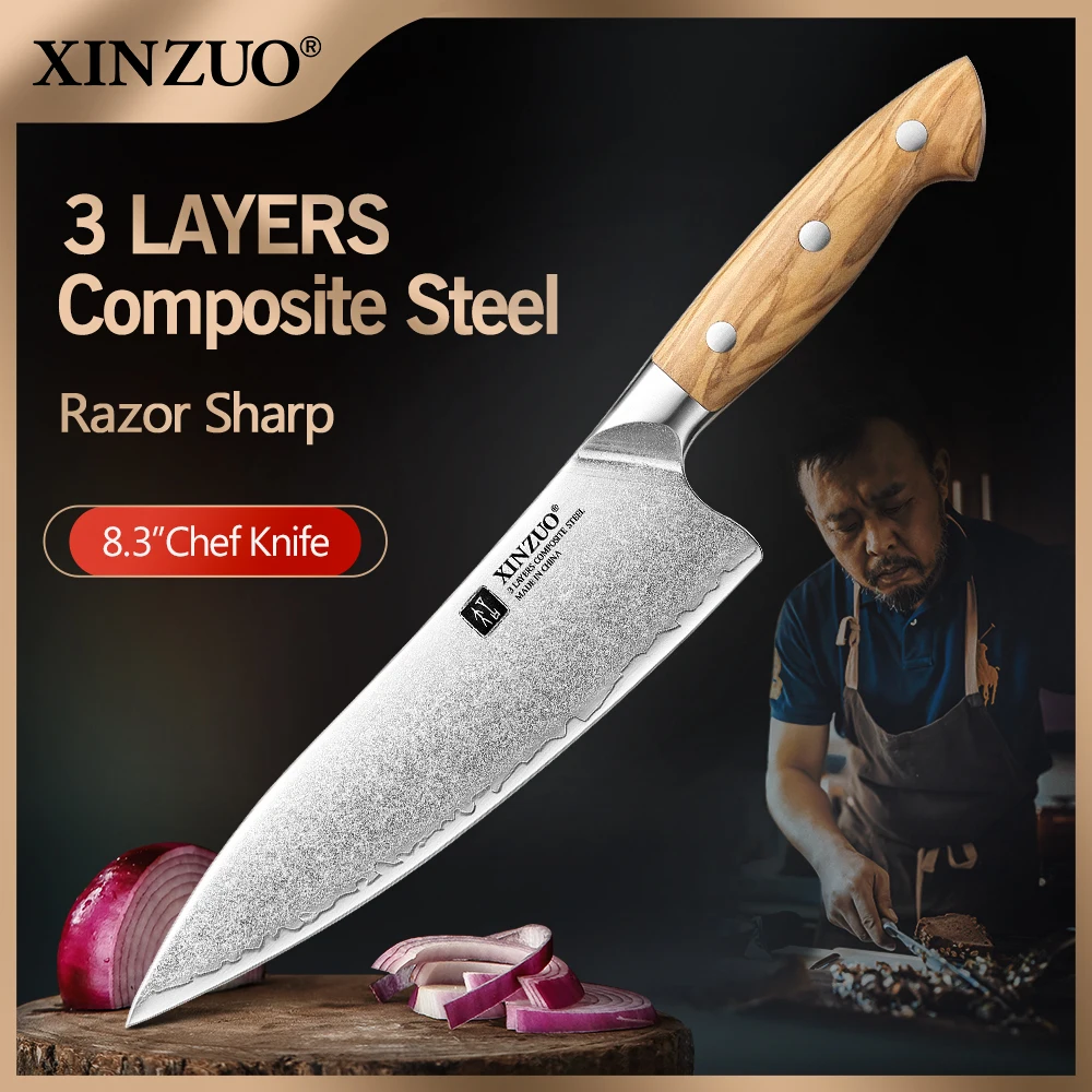 

XINZUO 8,27 дюйма Нож шеф-повара из дамасской стали 10Cr15CoMoV Лезвие со стальным сердечником Оливковое дерево Нержавеющая сталь Заклепка Ручка 60±2 HRC