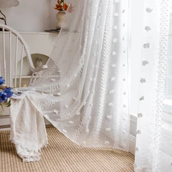 1pc White Pom Pom Sheer Curtain，Sweetie and Romantic Style Gauze Curtain for Girl Room，Rod Pocket，Window Drapes for Window