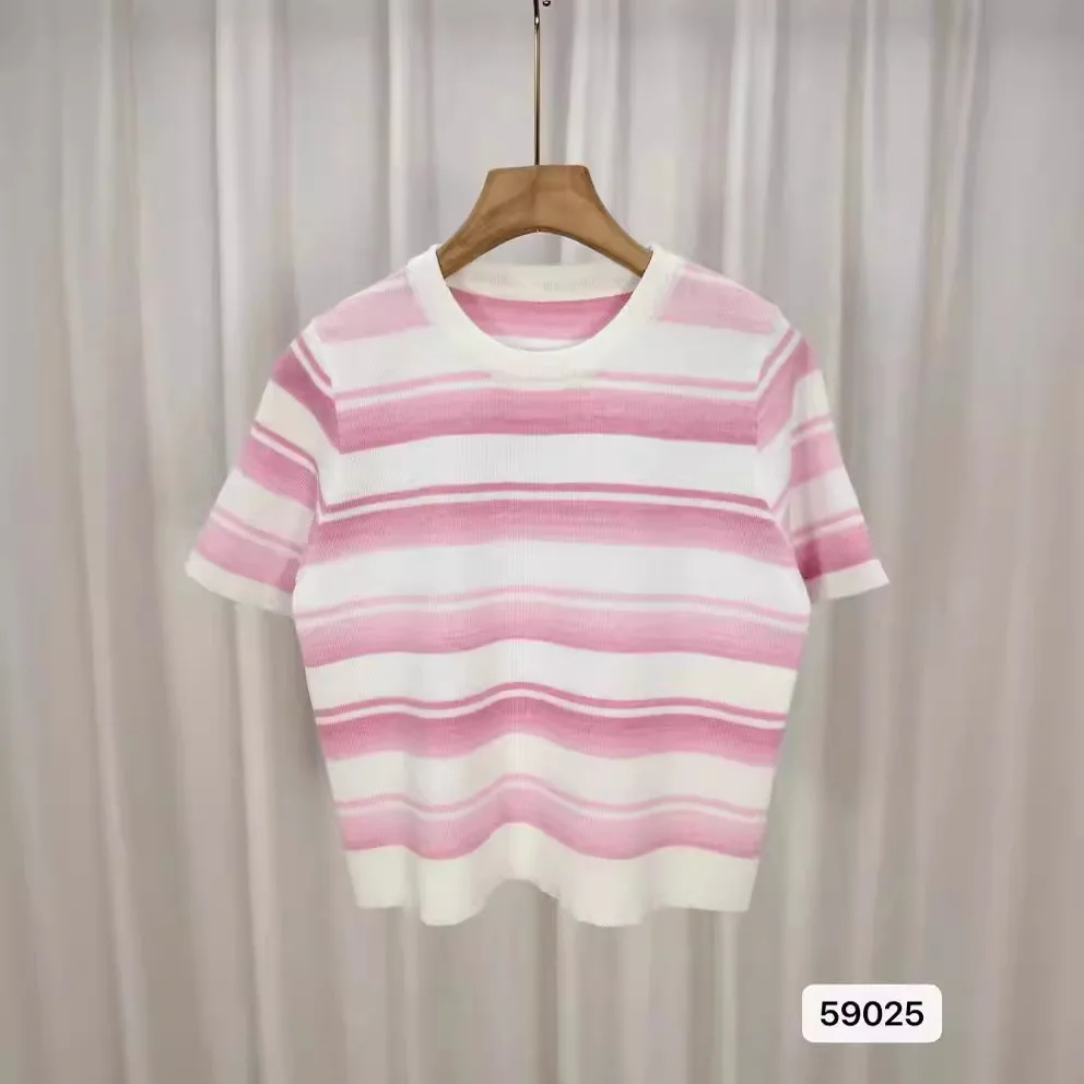 2025 New Fashionable Vintage Women Y2K Stripped Cropped T-shirts for Girls Slim Knitted Short Tees Sweet Tops Chic Clothes Wh5