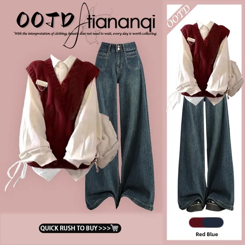 

Autumn College Sle Women's Knitted Vest And irt Denim Jeans Tee-Piece Set Korean Anti-Aging Layering Slimming Effect