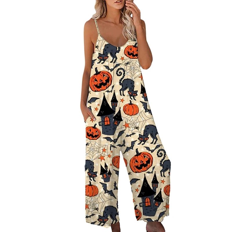 Vintage Halloween-Rompertjes Cartoon Pompoen & Vleermuis Print Lange Playsuit Loungewear Met Zakken Streetwear Voor Dames