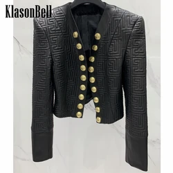 3.14 KlasonBell High Quality Sheepskin Geometric Embroidery V-Neck Gold Button Short Jacket Outerwear Women