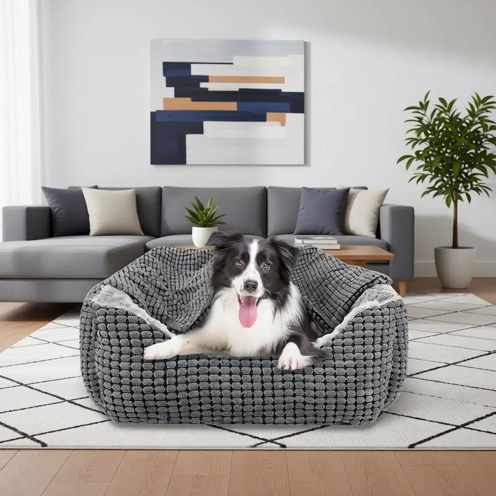 

Лежанки для собак крупных, средних и маленьких пород, лежанка для щенков с капюшоном, роскошные ортопедические лежанки для кошек, снимающие тревожность, моющиеся (25 дюймов)