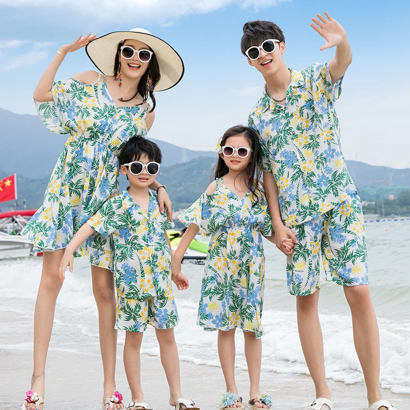 Vacation Couple Family Matching Clothes Mom Daughter Resort Off Shoulder Dress Dad Son Beach Fashion Shirt Shorts Set 2 Pieces