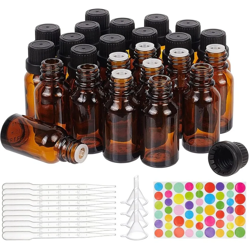 24 Pack 15ml Brown Glass Essential Oil Bottles Refillable Container Kits with Plastic Droppers Funnel Hoppers and Sticker